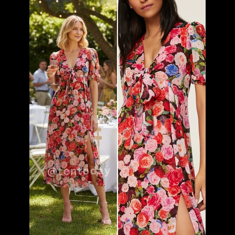Mac Duggal Size 2 Pink Red Floral Rose Puff Sleeve V-Neck‎ Cocktail Midi Dress